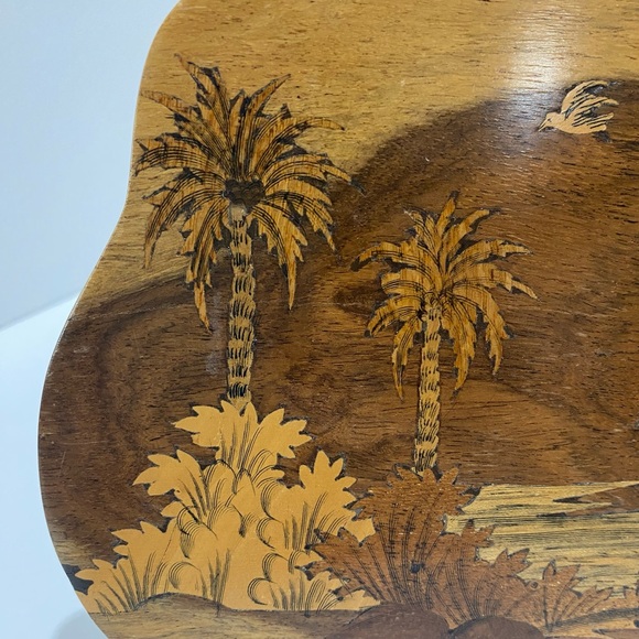 Vintage Wood Plaque Marquetry Inlay Middle East Campsite Tent Camel Palm Trees - Picture 2 of 10